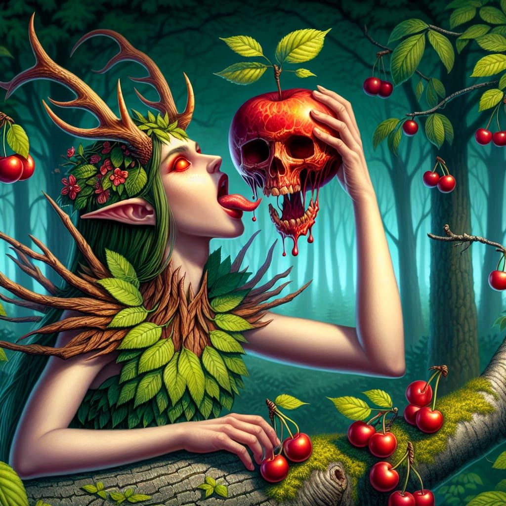 Antlered Dryad About to Eat Skull Cherry, Digital Illustrati...