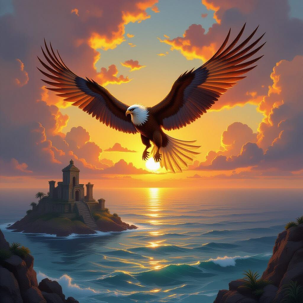 Majestic Griffin Soars Over Vast Ocean at Sunset
