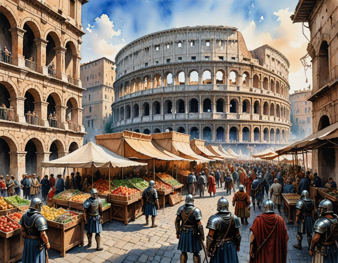 Ancient Rome Market Scene in Vibrant Watercolor