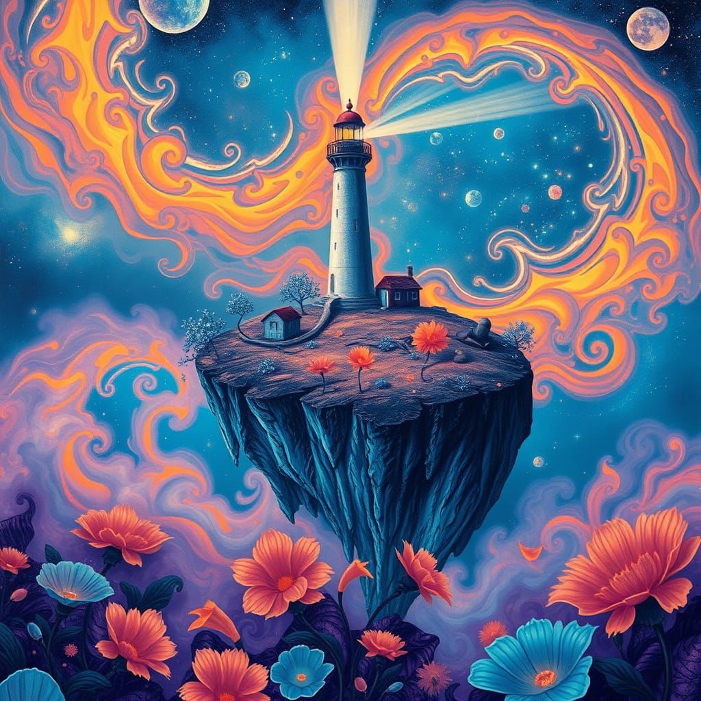 Lighthouse on a Floating Island in a Cosmic Dreamscape