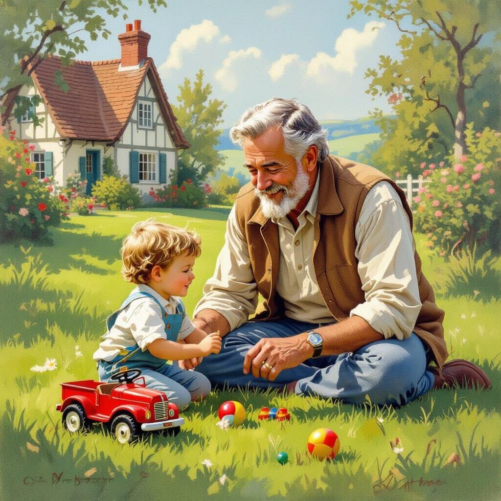 Grandfather and Grandson Playing, Rockwell Style