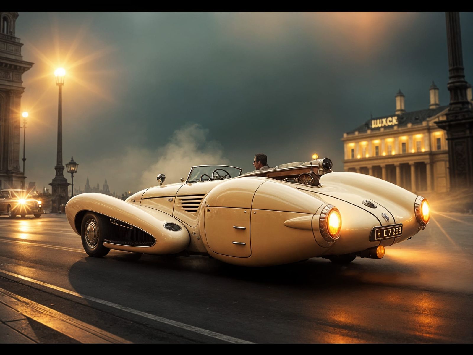 Vintange Steampunk Roadster Speeds Through Smoggy London Nig...