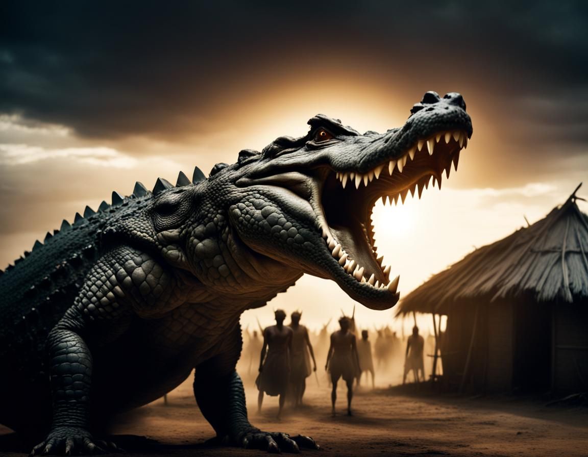 Crowned Crocodile King Overlooking African Village