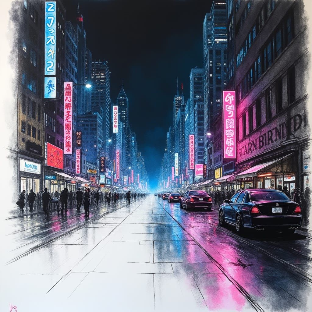 Neon City Emerges From Blank Paper in Graphic Illustration S...