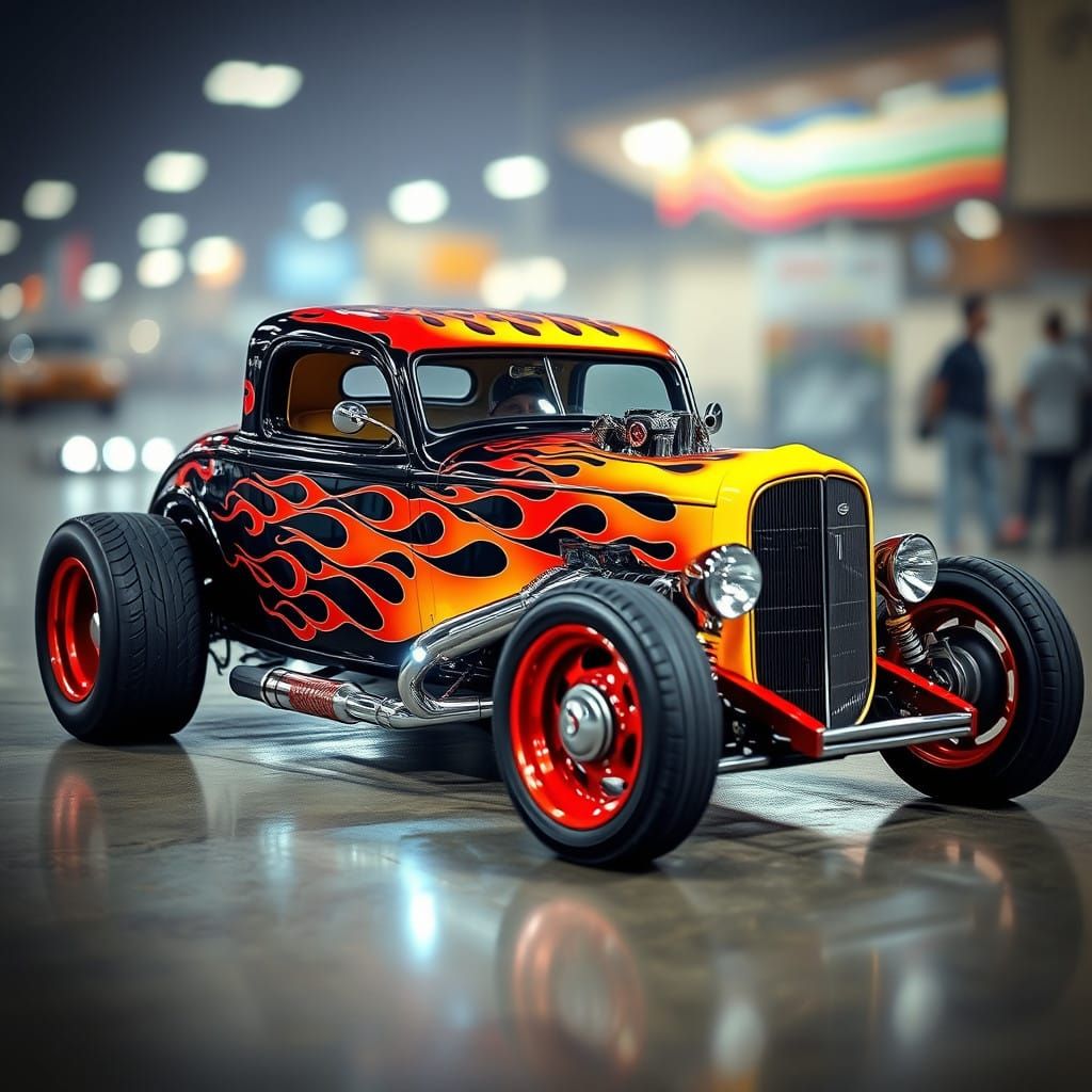 Vibrant Flame-Painted Hot Rod in Bokeh Effect