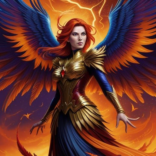 Fiery Winged Woman Holds Vibrant Phoenix in Starlit Forest