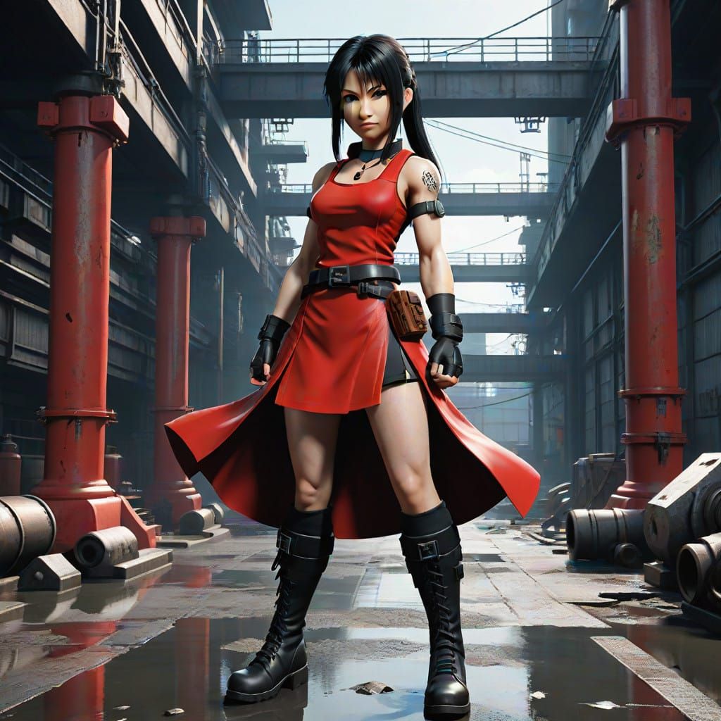 Tifa Lockhart in Iconic Red Dress, Midgar Cityscape