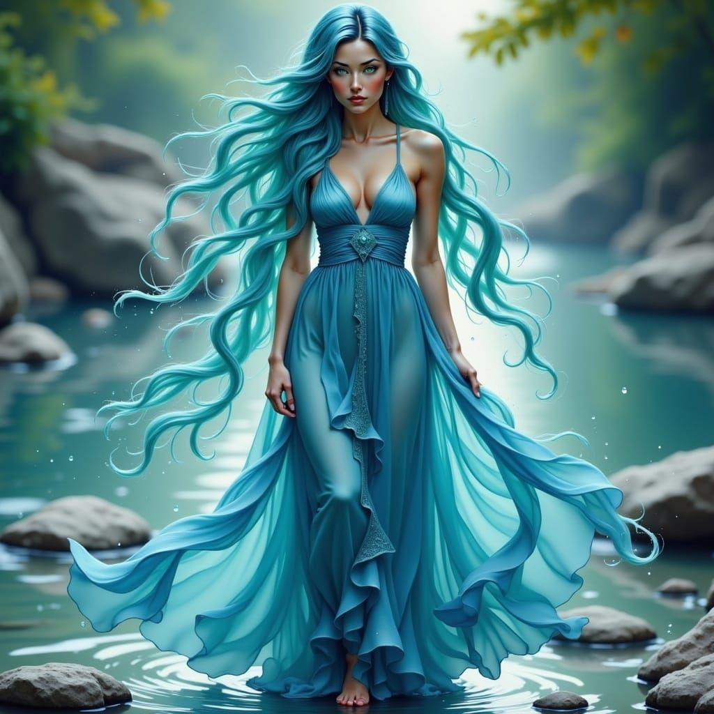 Serene River Woman in Ethereal Digital Art Style