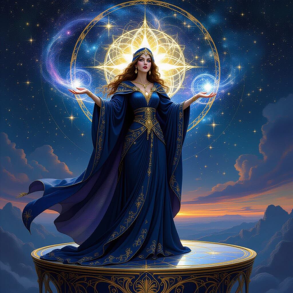 Sorceress Conjuring Constellations in Cosmic Oil Painting St...