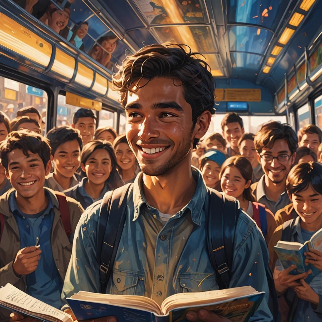 Engrossed Reader on Crowded Bus, Fantasy Concept Art