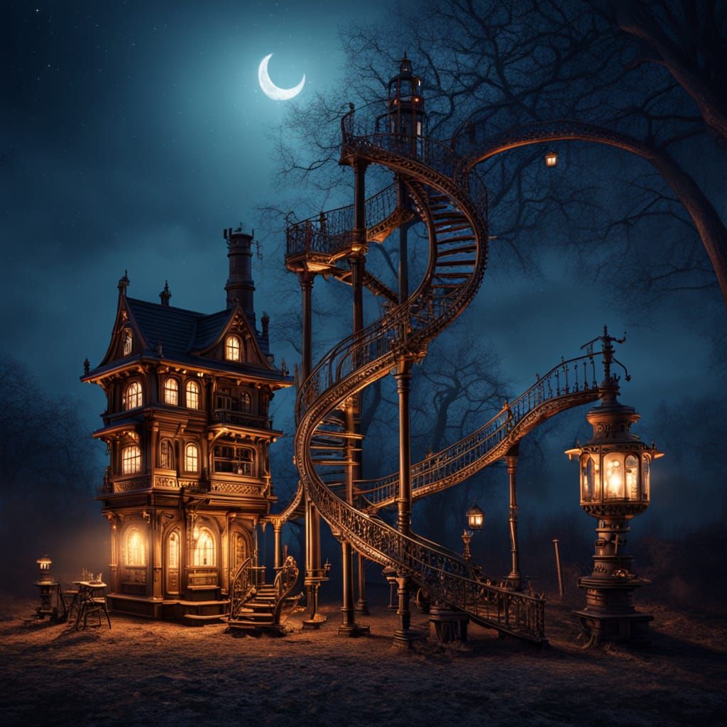 Steampunk Printing Press in Crescent Moon, Surreal Fantasy