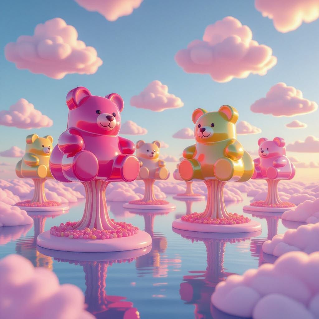 Giant Gummy Bear Trees on Floating Islands in Candy Sky