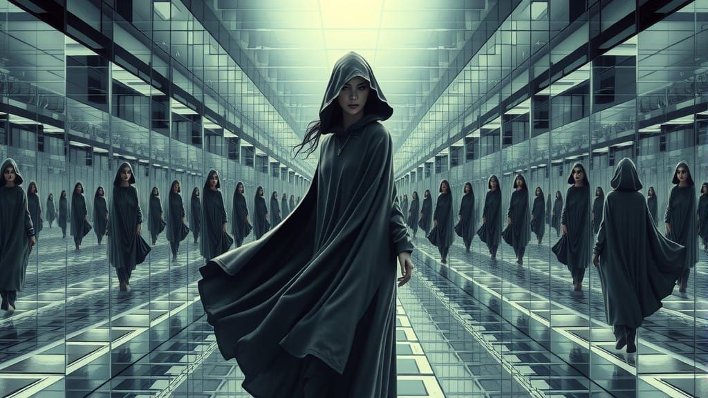 Infinite Labyrinth of Mirrored Reflections in Dreamlike Surr...