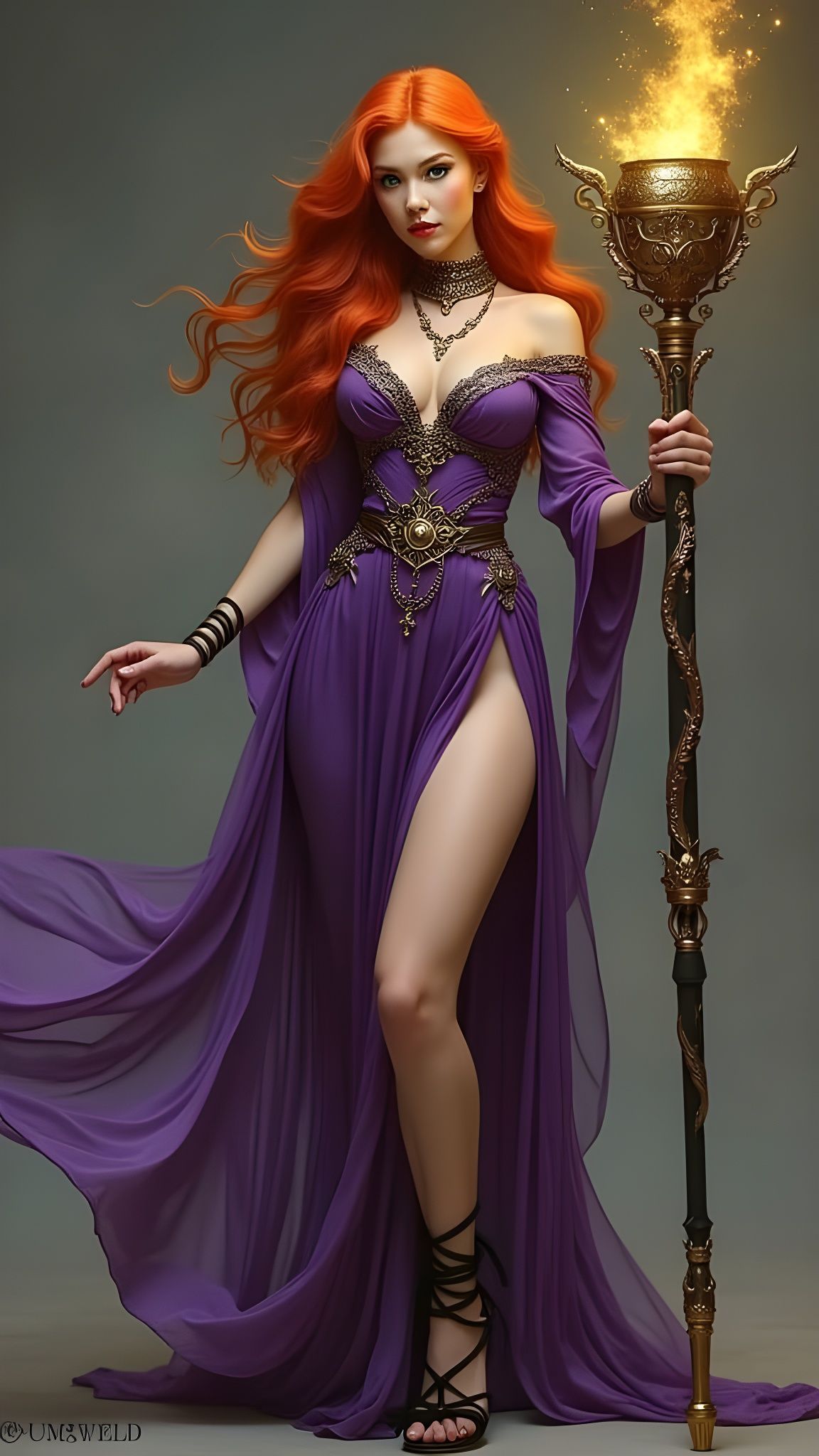 Flame-Haired Sorceress with Mystical Staff