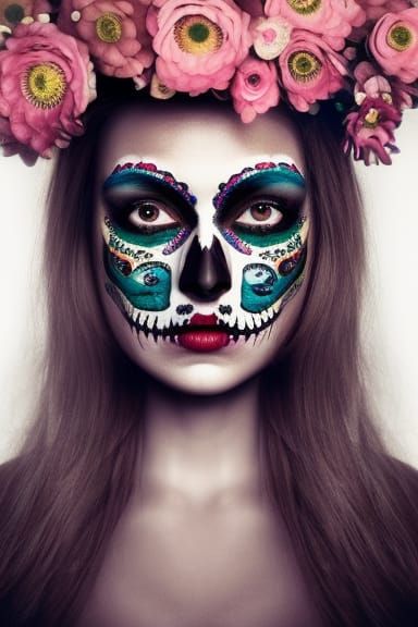 Calavera Woman Portrait with Flowers and Makeup