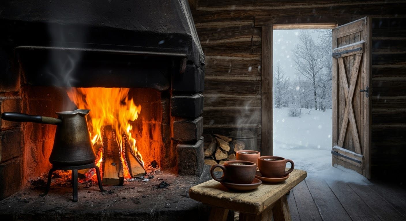 Rustic Coffee Pot in Winter Cabin, Hyperrealistic Style