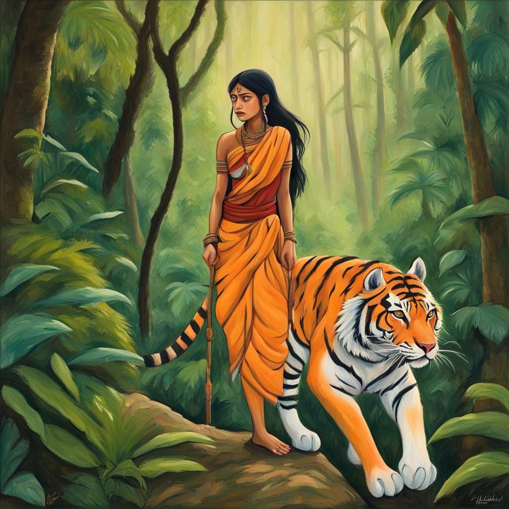 Indian Woman Rides Tigress, Ghibli Acrylic Art