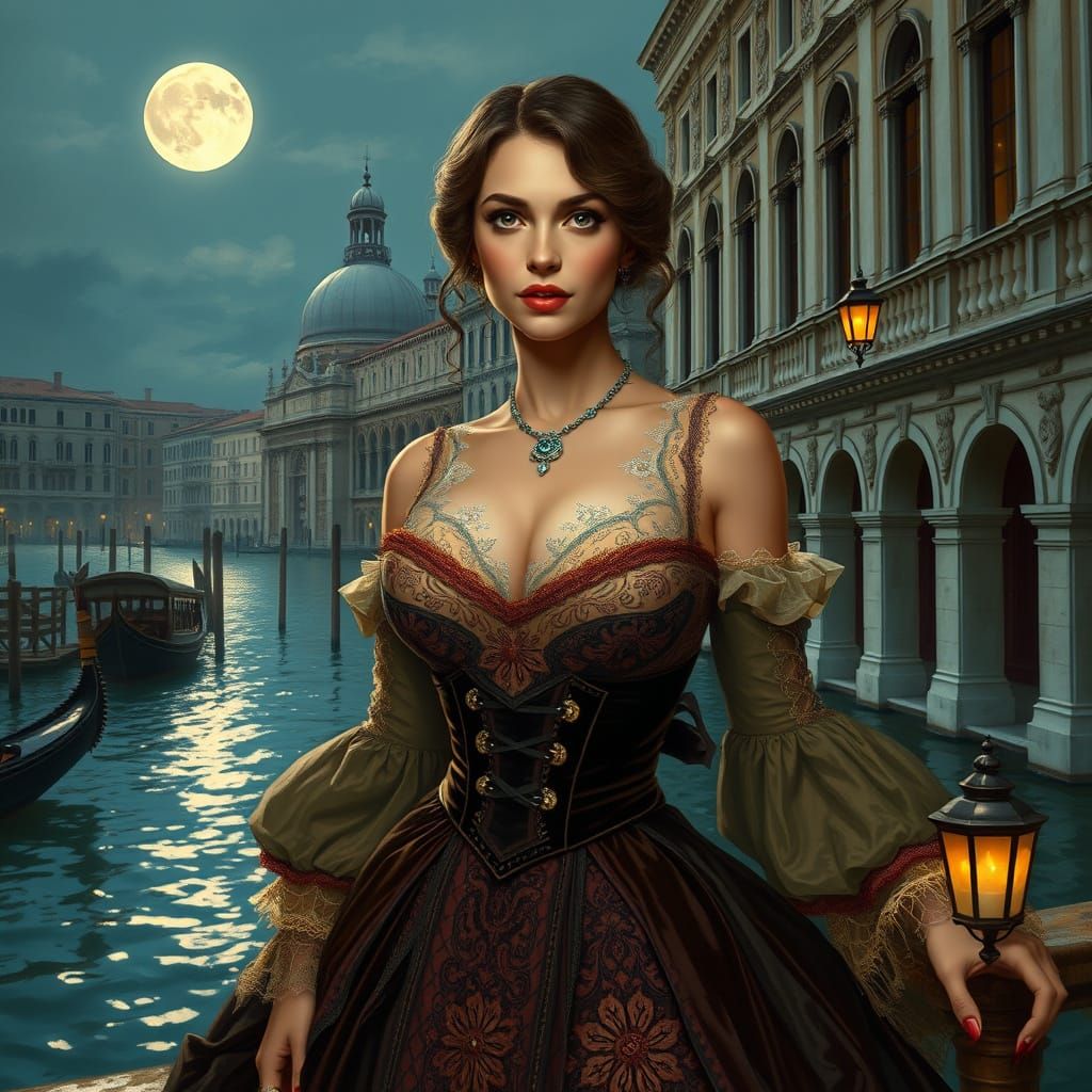 Sensual Venetian Goddess in Lavish 18th-Century Gown