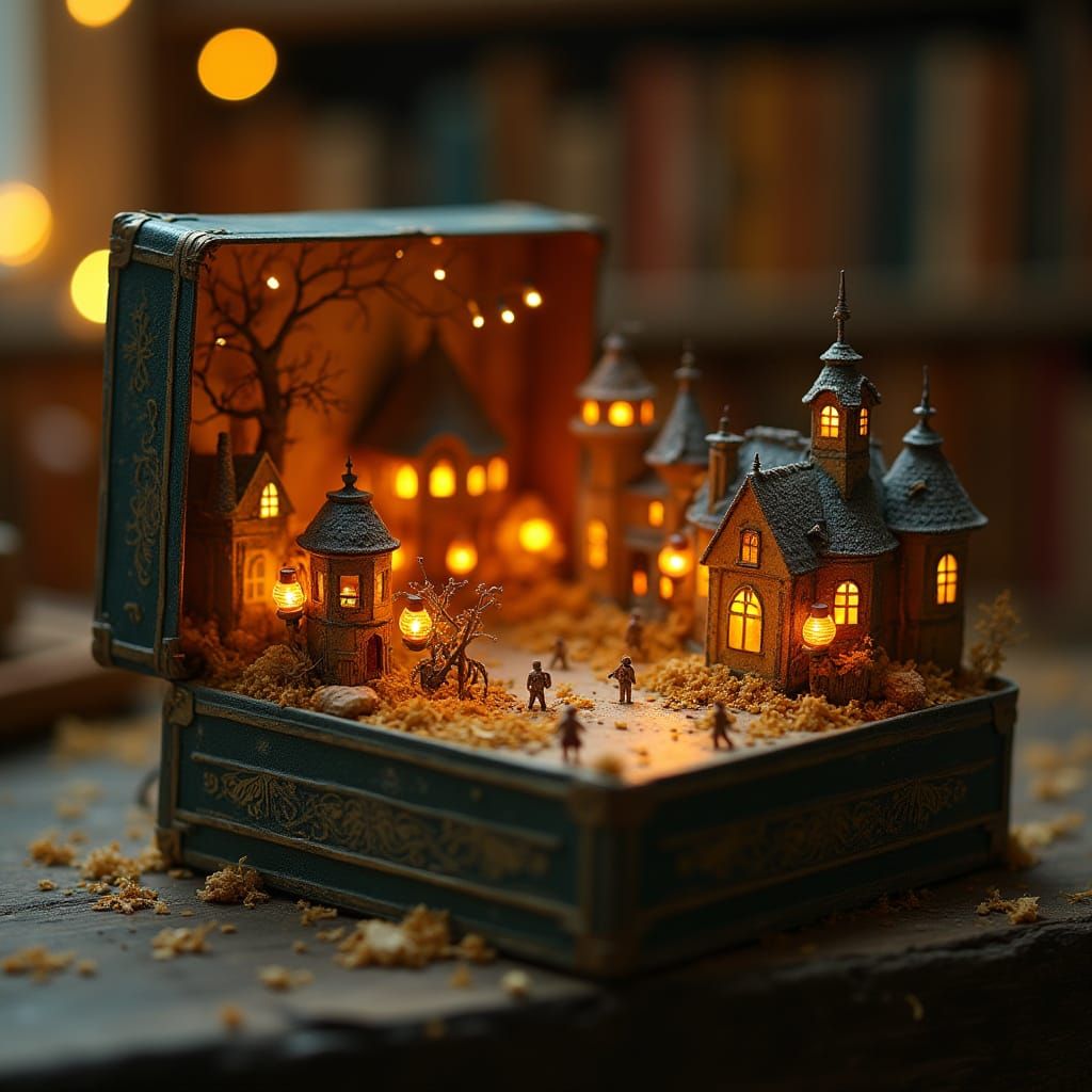 Miniature City Inside Matchbox with Firefly Lanterns