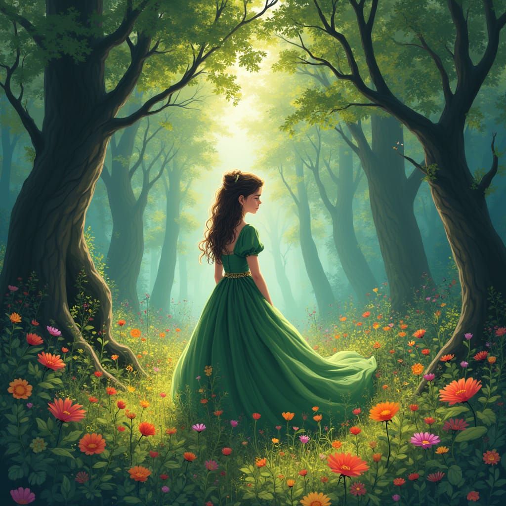Girl in Forest, Ethereal Lighting, Painterly Style