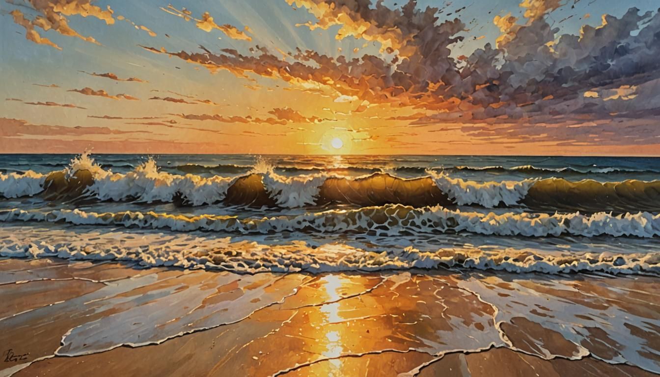 Golden Sunset Beach Acrylic Painting