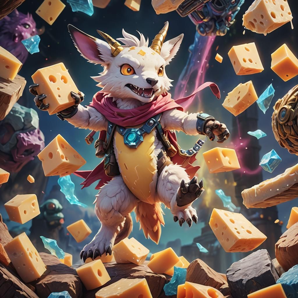 Digimon with Sling and Cheese in Whimsical Style