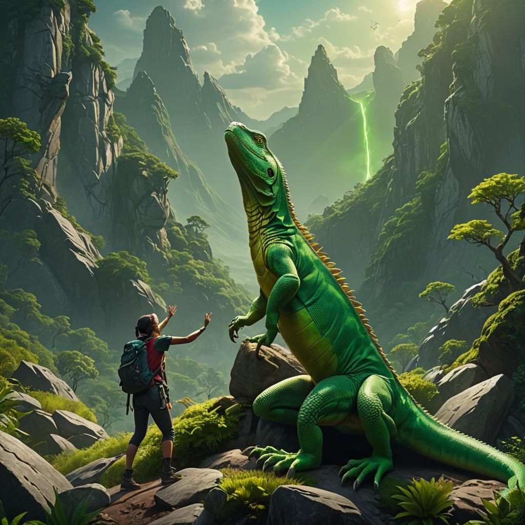 Hikers Worshipping a Giant Lizard in Fantasy Art