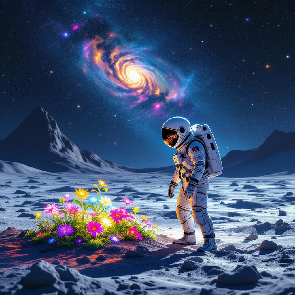 Astronaut Tends Alien Garden on Moon Under Nebula