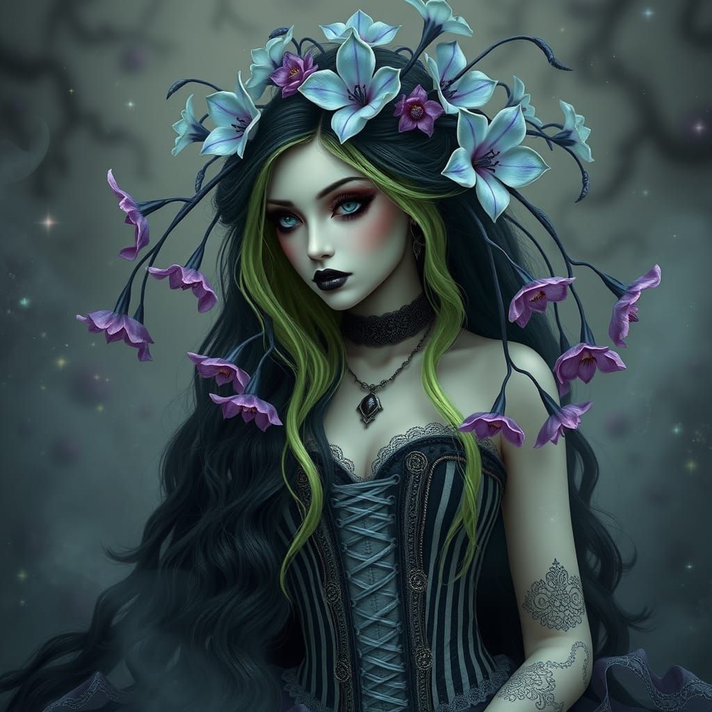 Ethereal Gothic Beauty Amidst Whimsical Blooms