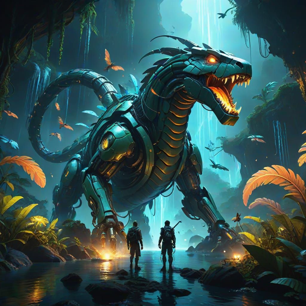Robotic Serpent Attack Over Bioluminescent Jungle
