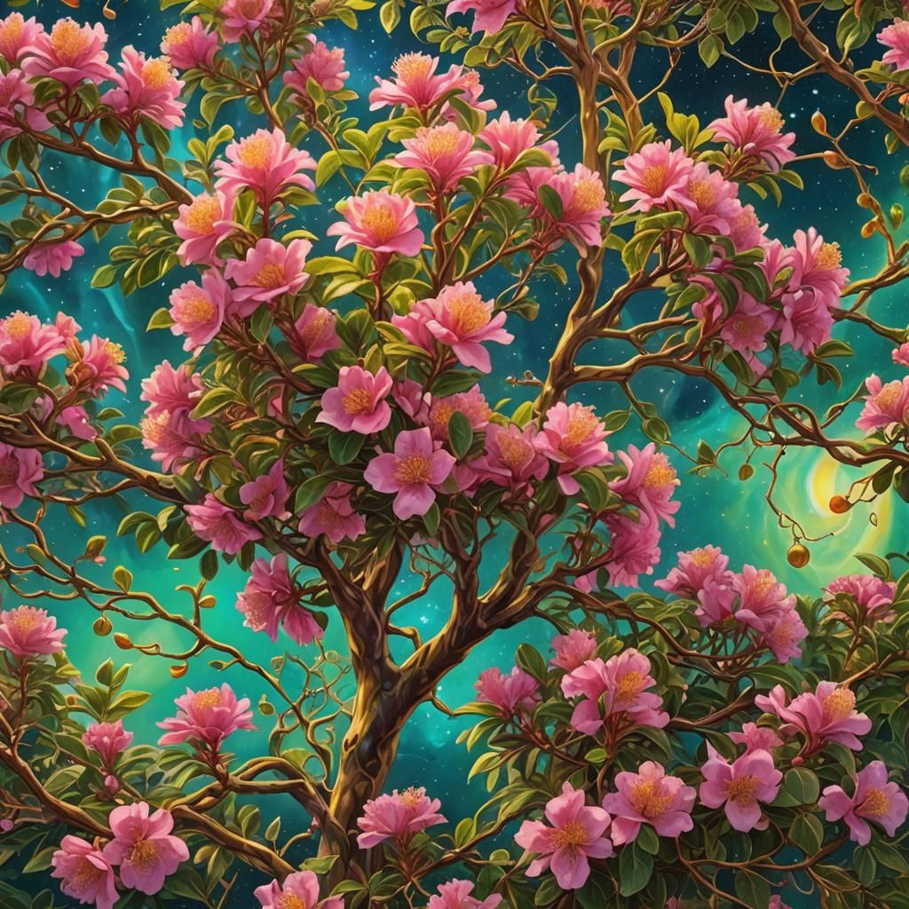 Crepe Myrtle and Tomato Vines in Cosmic Art Style