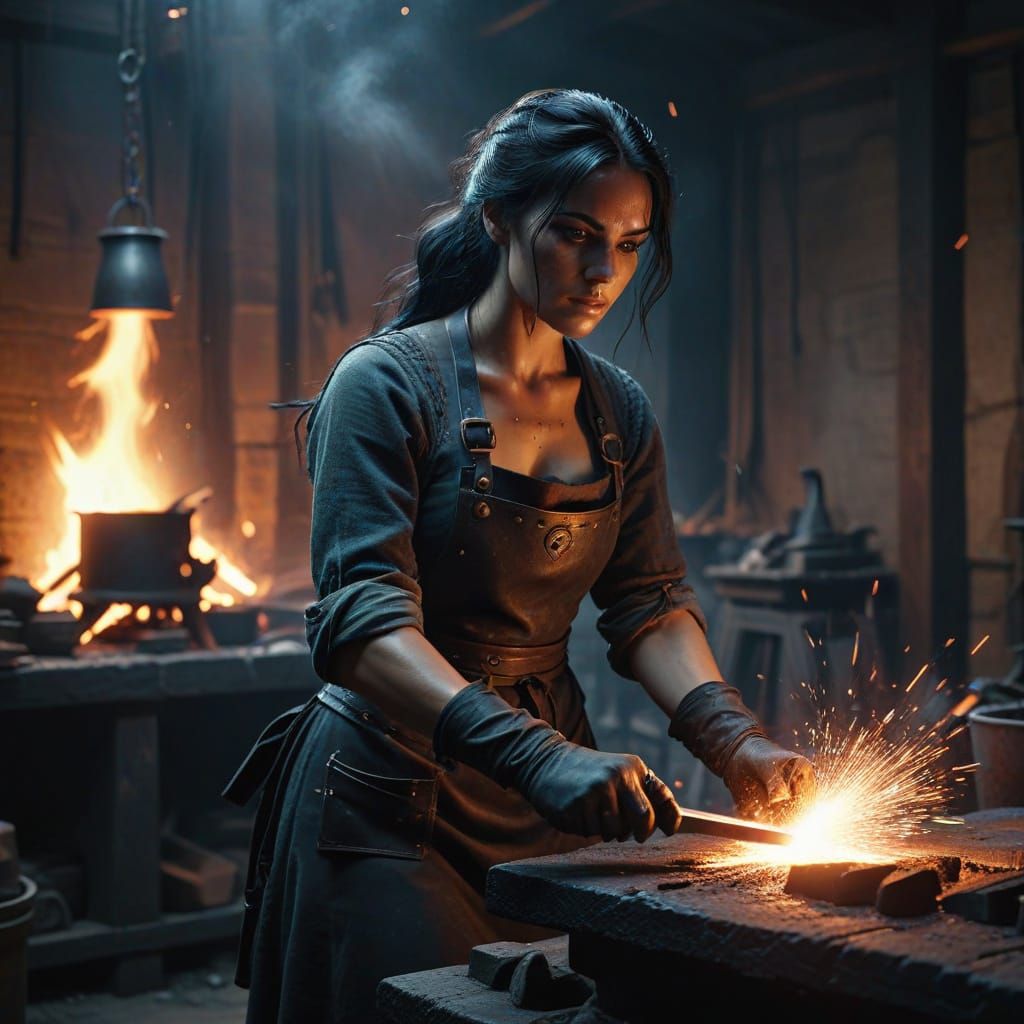 Warrior Woman Forging Metal in Medieval Forge