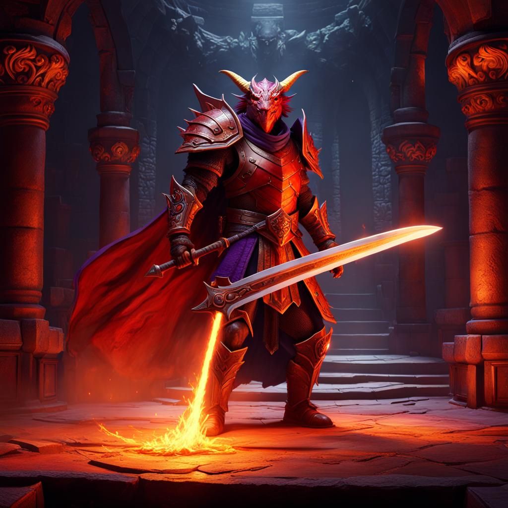 Dragonborn Warrior with Flaming Sword in Dark Dungeon