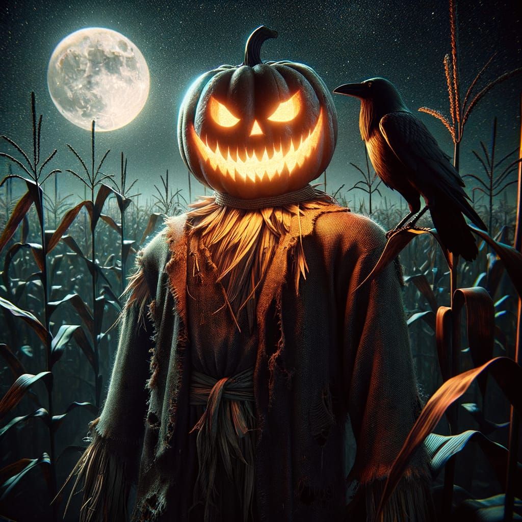 Frightening Scarecrow with Glowing Pumpkin Head in Moonlit C...