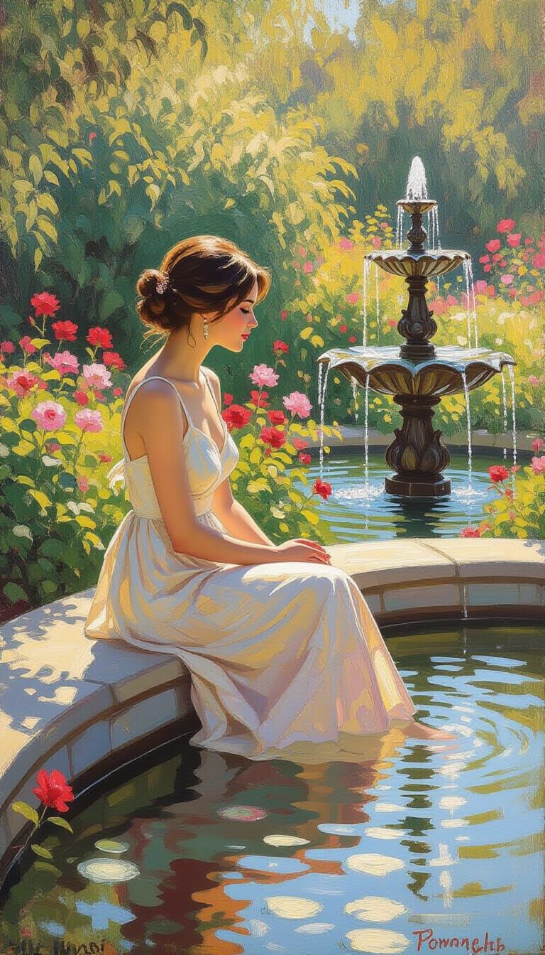 Impressionistic Garden Scene with Woman by Fountain