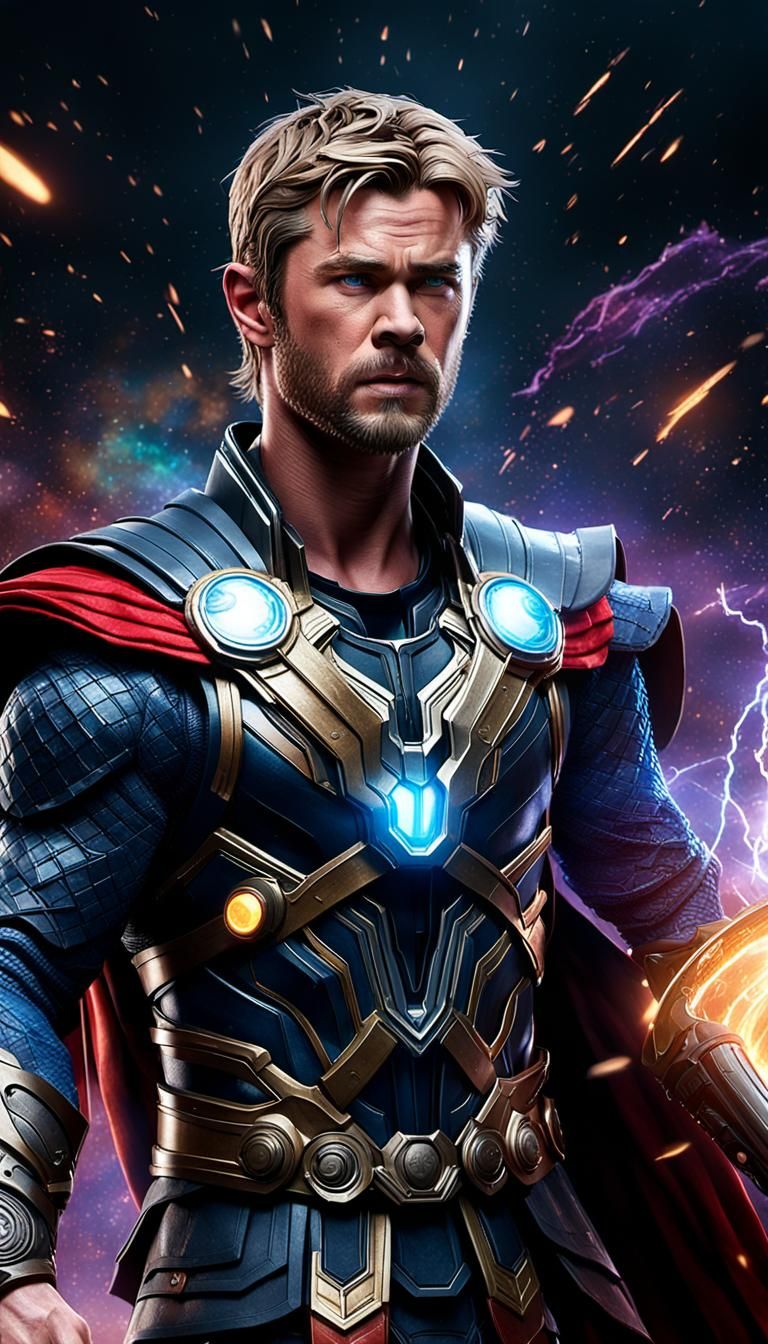 Thor Battles Thanos in Cosmic Nebula: Digital Art
