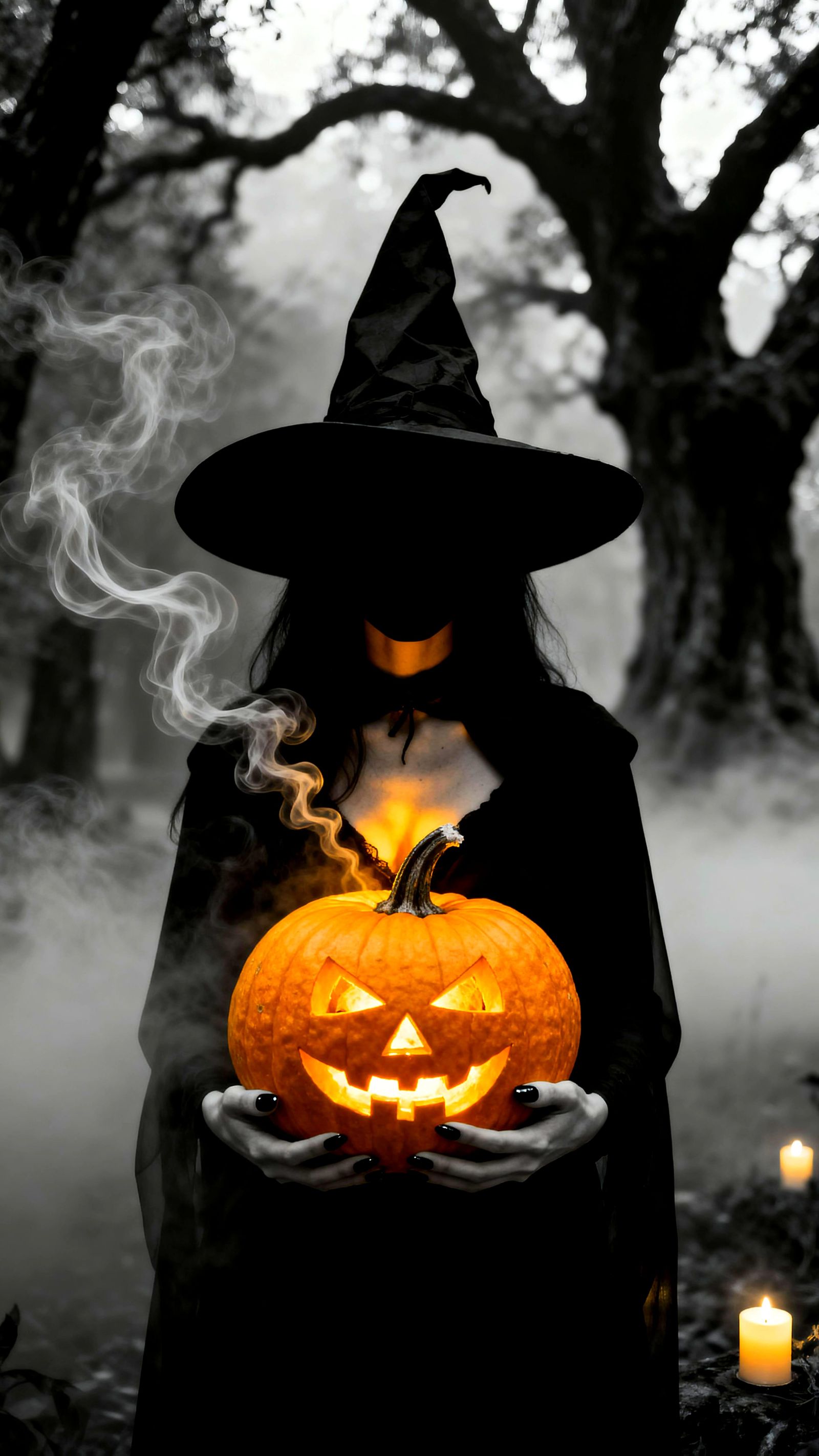 Mysterious Witch Holds Glowing Jack O' Lantern in Monochrome