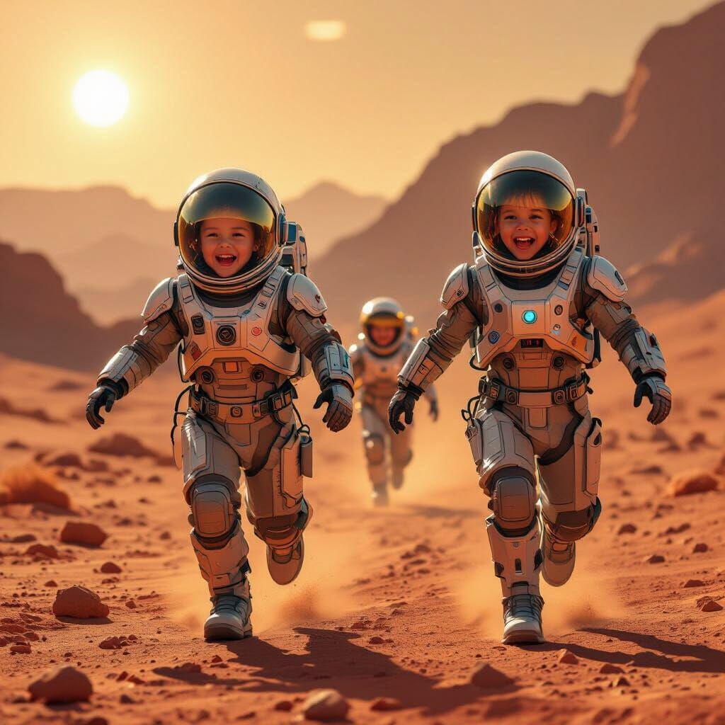 Children Explore Mars in Vivid Digital Painting