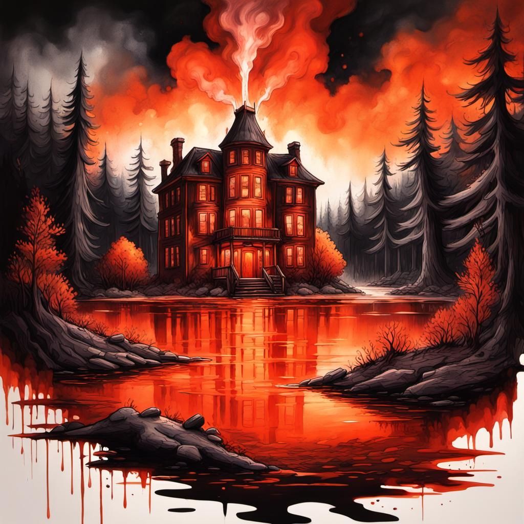 Radioactive Lake with Ominous Building, Watercolor Style