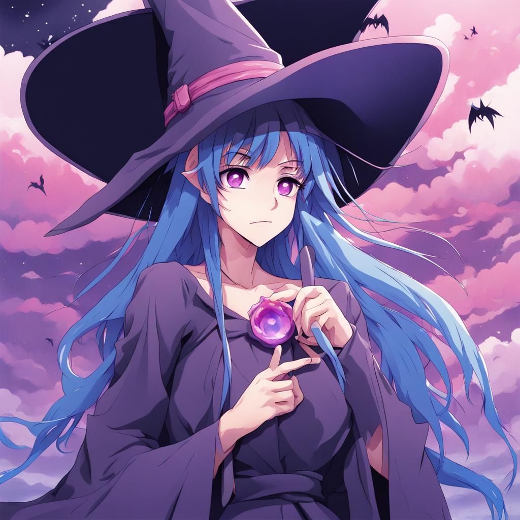 Anime Witch with Vibrant Blue, Pink, Purple Colors