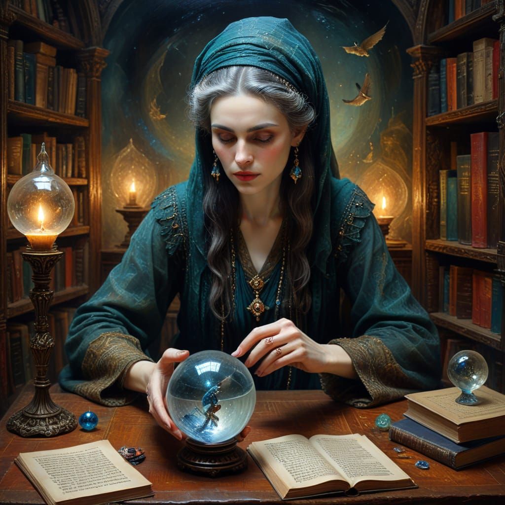 Ethereal Woman Divining in Library: Impasto Painting