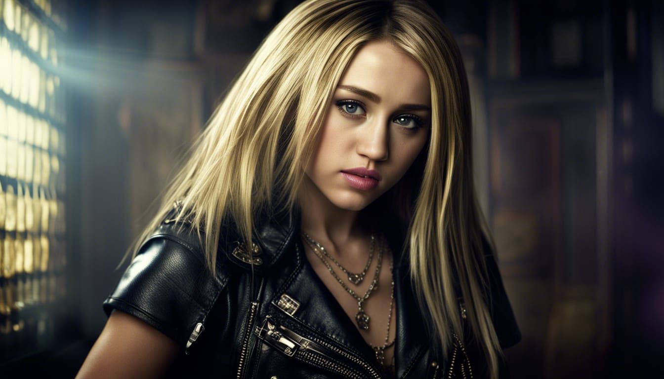 Hannah Montana in leather jacket