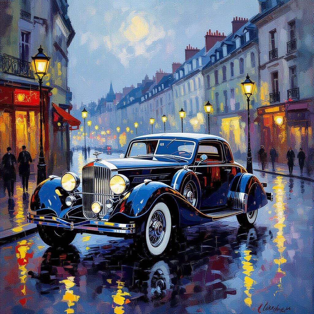 1935 Duesenberg Coupe on Wet Cobblestone Street, Impressioni...