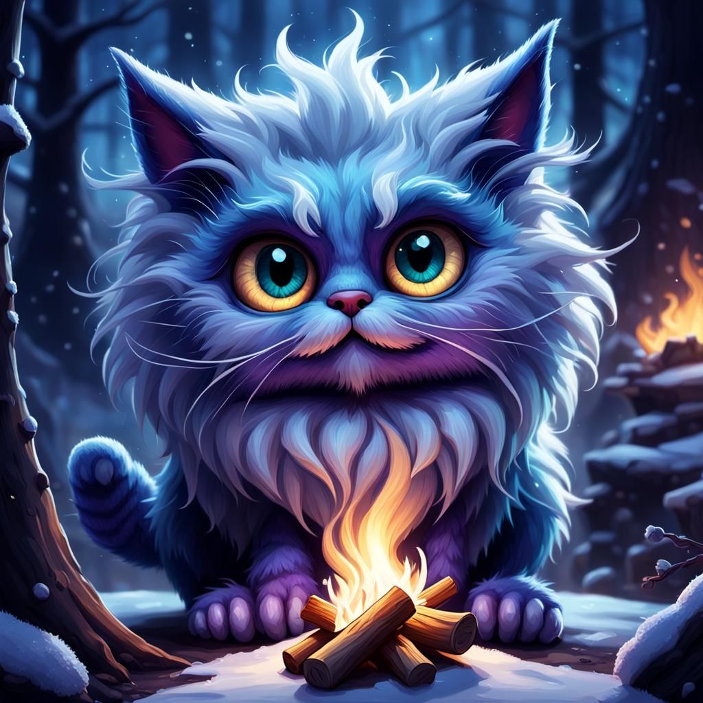 Fluffy Cat Creature Toasts Marshmallows: Dark Fantasy Art