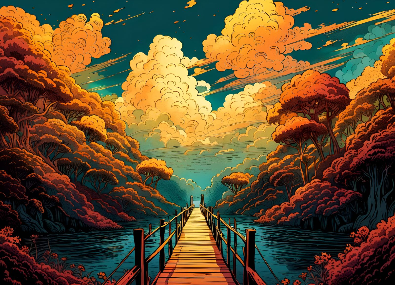 Bridge to Paradise Landscape in Comic Book Style