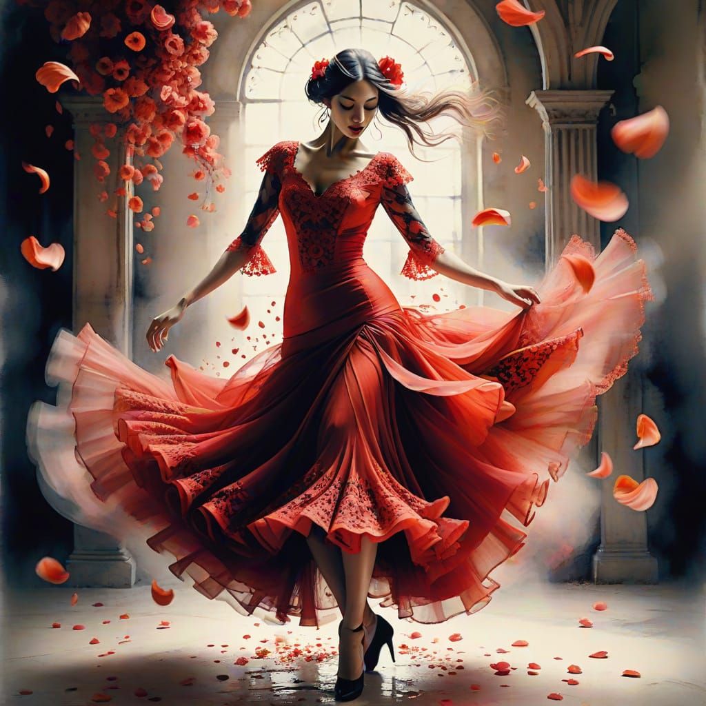 Flamenco Dancer in Red, Watercolor Anime Style