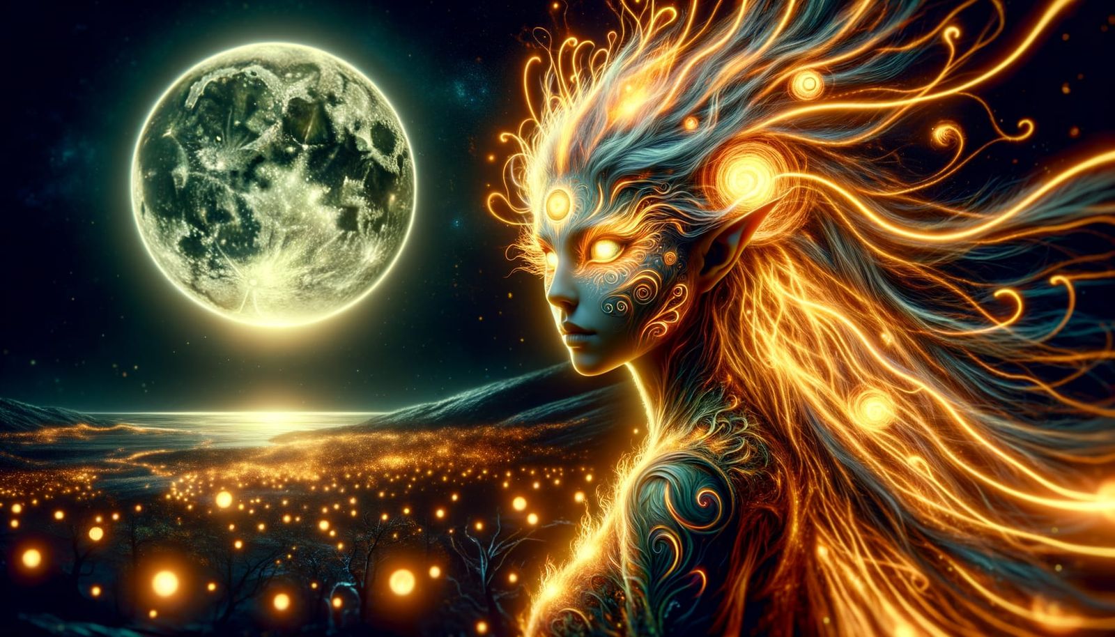 Bioluminescent Kelpie in Moonlit Fantasy Landscape