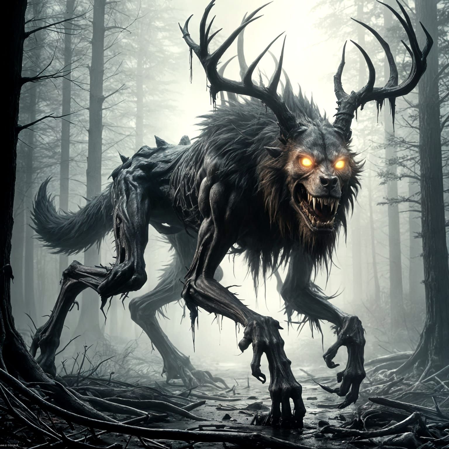 Cyberpunk Horror Werewolf Wendigo with Skeletal Antlers