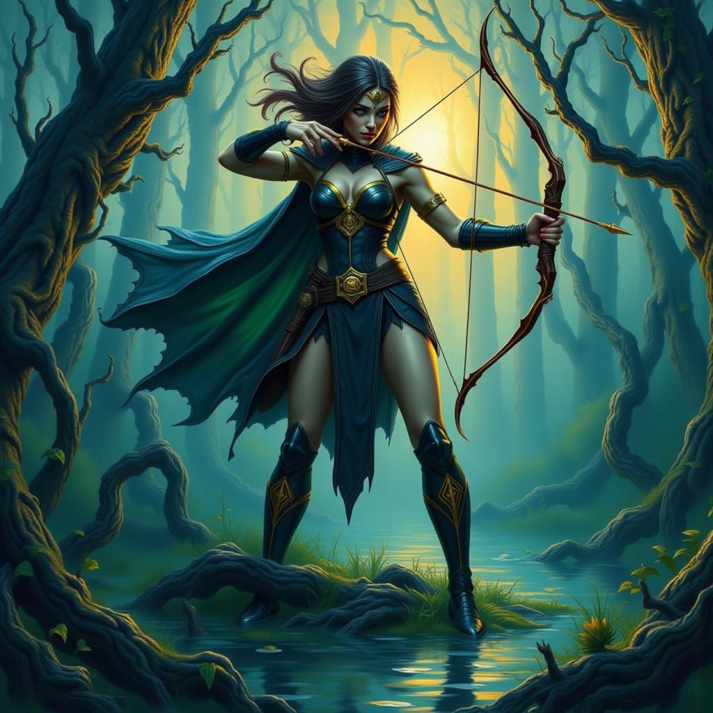 Heroic Superwoman Archer in Mysterious Swamp Land