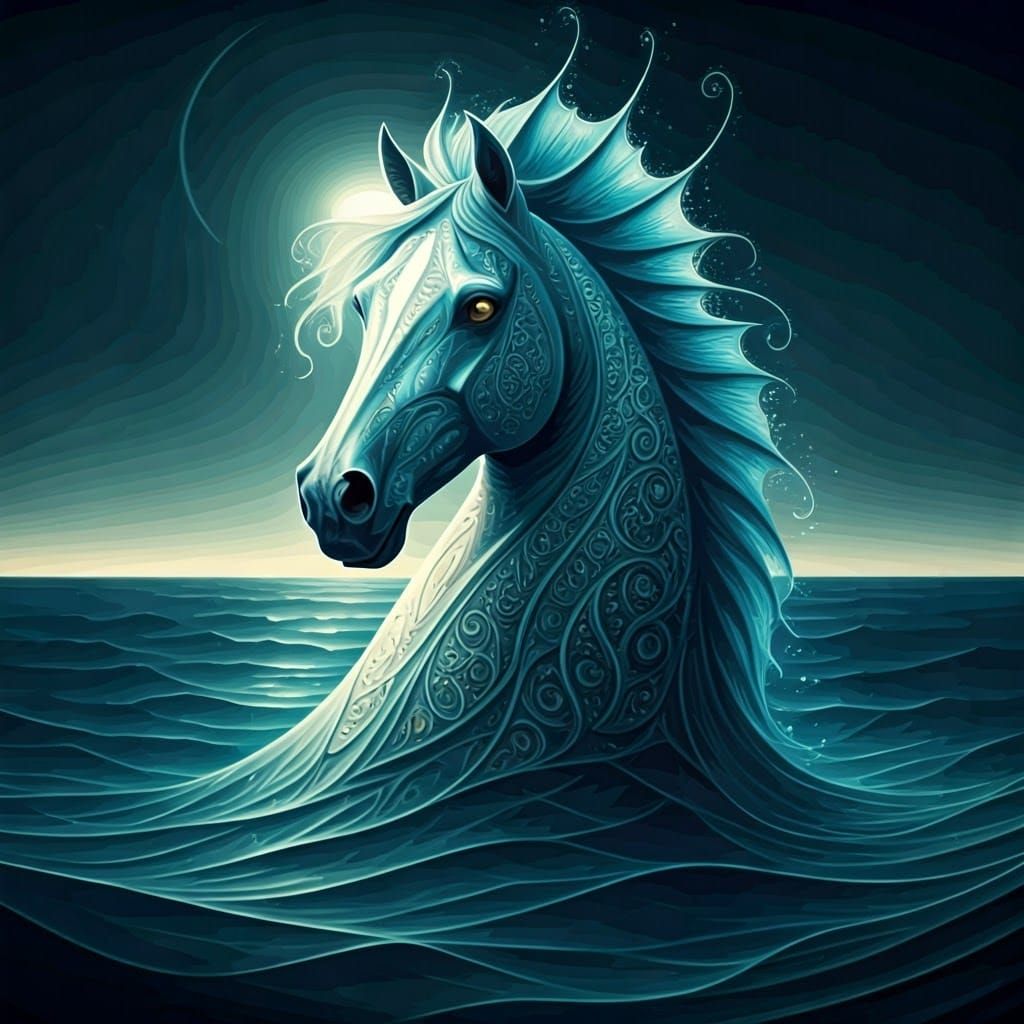 Celtic Sea Horse Emerges from Moonlit Ocean in Whimsical Art